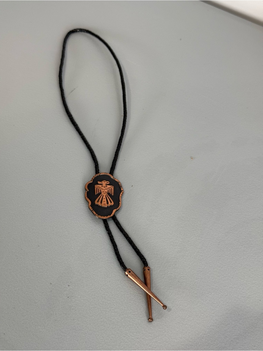 Men's Western Bolo Tie Black Leather Cord Copper Oval Thunderbird Slide 17"